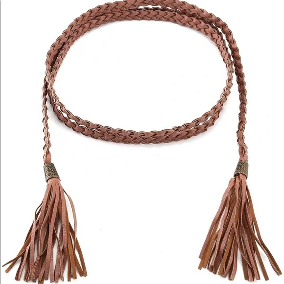 Braided Skinny Woven Tassel Belt Necklace - Picture 6 of 9